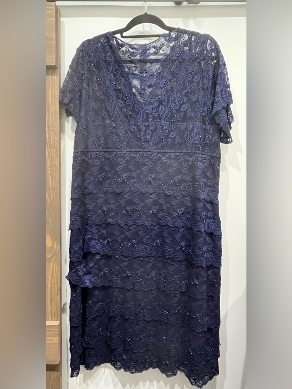 MARINA Navy Lace Tiered Midi Dress